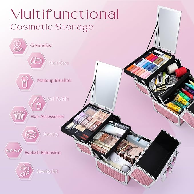 Joligrace Makeup Train Case Makeup Case Organizer Portable Cosmetic Box Storage - Image 2