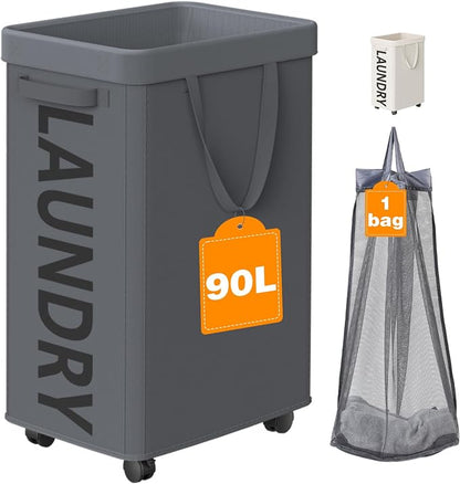 Optish Laundry Basket with Wheels, 90L Rolling Laundry Hamper with Wheels by Optish