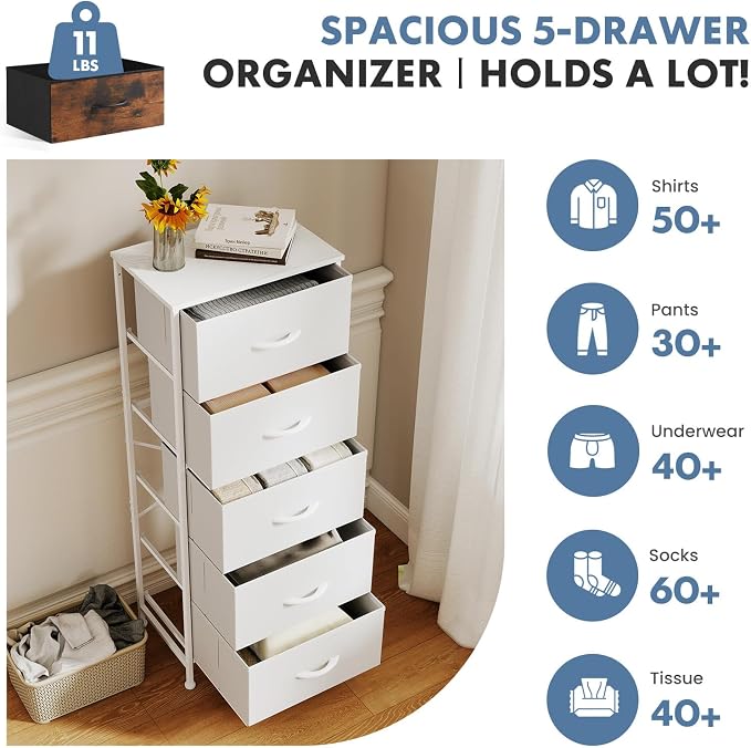 DUMOS Nightstand with 5 Drawers Bedside Table with Removable Fabric Bins Sturdy - Image 4