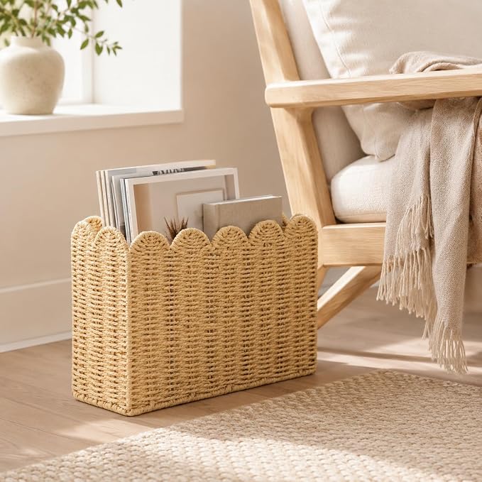 Paper Rope Magazine Holder, Tall Narrow Scalloped Basket | Handwoven Paper Rope - Image 4