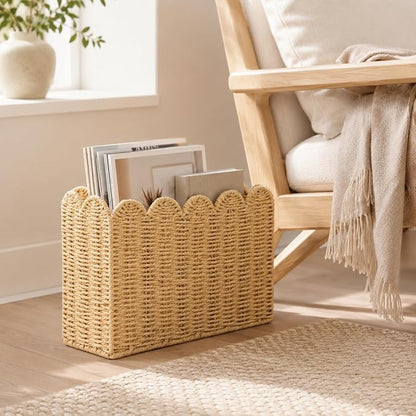 Paper Rope Magazine Holder, Tall Narrow Scalloped Basket | Handwoven Paper Rope - Image 4