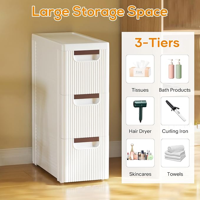 3 Drawers Slim Bathroom Storage Cabinet Dresser, Narrow Plastic Rolling Cart - Image 3
