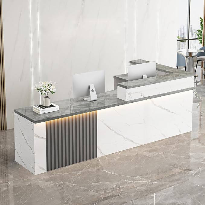 Receptionist Desk with LED Light，Wooden Salon Checkout Counter with Storage by Unknown