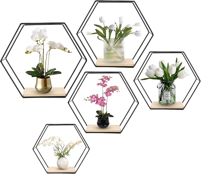 Wall Mounted Hexagonal Floating Shelves Black Set of 5 in Different Sizes by F+FINEC