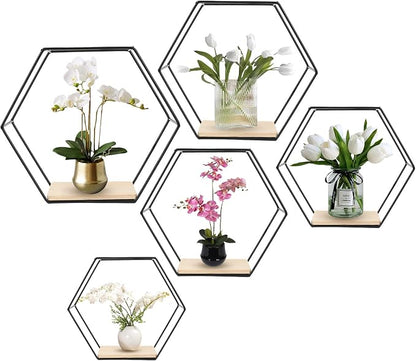 Wall Mounted Hexagonal Floating Shelves Black Set of 5 in Different Sizes by F+FINEC