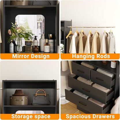Unikito 8FT Closet System with Mirror and 3 Extendable Hanging Rods, 4 Wood - Image 4