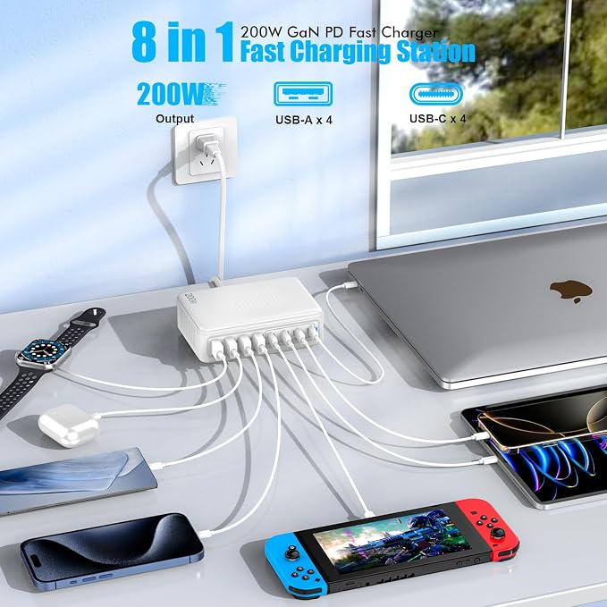 USB C Charger Block, 200W GaN 8 Port USB C Charging Station USB Hub Block Cube - Image 2