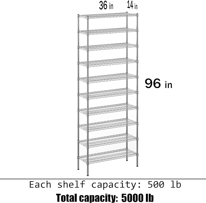 14" Deep x 36" Wide x 96" Height Wire Shelving Kit | 10-Tier | NSF Commercial - Image 3