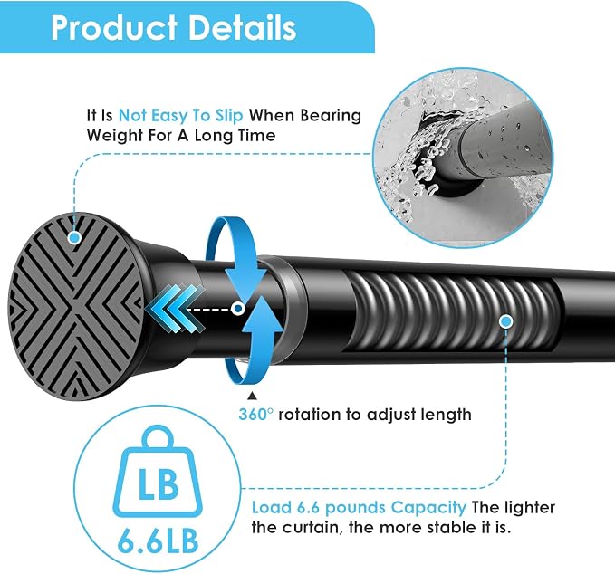 2Pcs Tension Curtain Rod 31 To 76 Inch Black Shower Curtain Rod No Drilling - Image 3