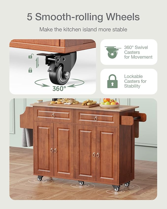 Kitchen Island with Drop Leaf and Storage, on Wheels Two Drawers, Large Storage - Image 6
