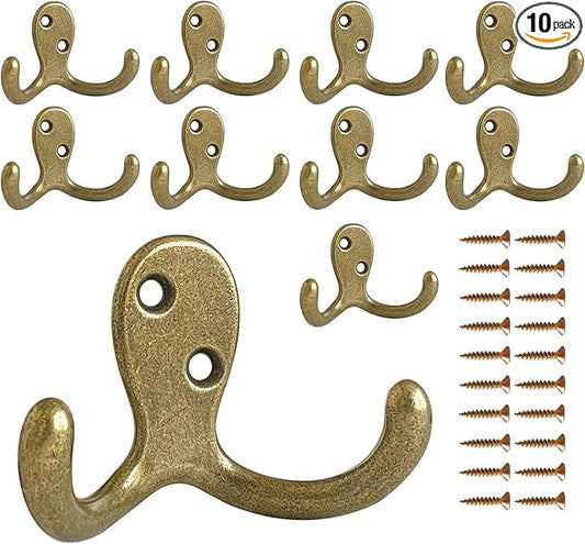 10 Pack Coat Hooks Wall Hooks for Hanging, Heavy Duty Double Prong Metal Hook by CBWLWJ