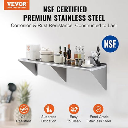 VEVOR 18" x 72" Stainless Steel Shelf, Wall Mounted Floating Shelving - Image 4