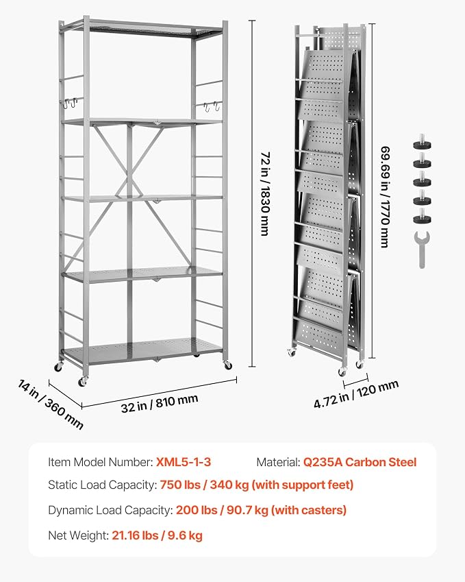 VEVOR 5-Tier Foldable Storage Shelf, 32W x 14D x 72H Inch Folding Metal Rack - Image 3