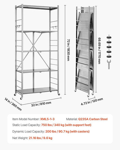 VEVOR 5-Tier Foldable Storage Shelf, 32W x 14D x 72H Inch Folding Metal Rack - Image 3