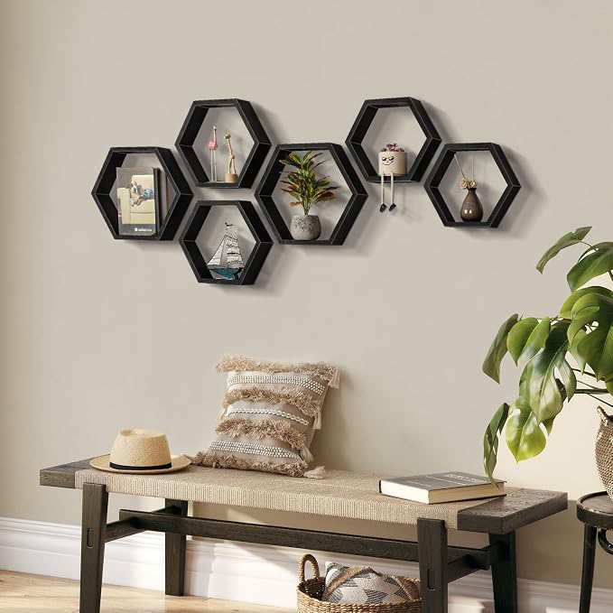 CADUKE Hexagonal Floating Shelves Set of 6, Wood Storage, Honeycomb Shelf - Image 2
