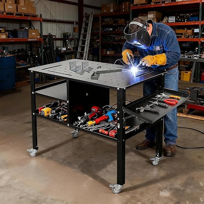Portable Welding Table with Foldable Side Panels, Mobile Workbench Cart with - Image 3