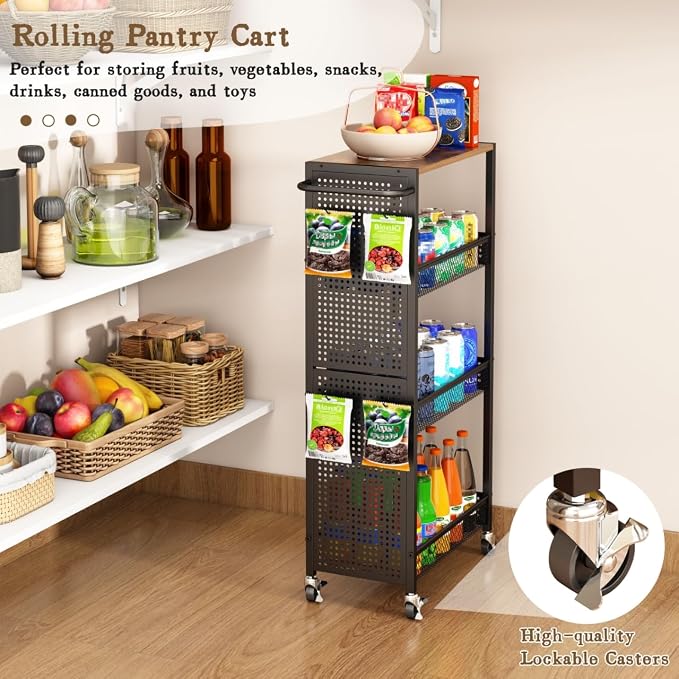 Utility Slim Storage Cart 4 Tier Small Rolling Kitchen Laundry Room - Image 3