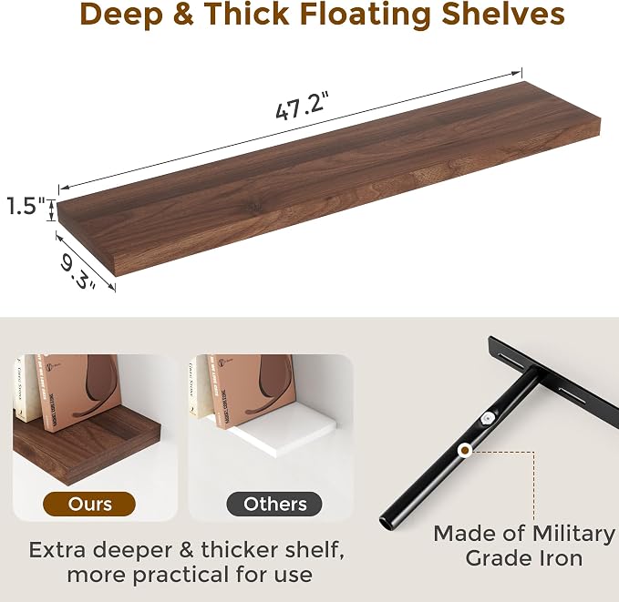 48 Inch Floating Shelves Set of 2, Rustic 48 x 9.3 Floating Shelf - Image 3