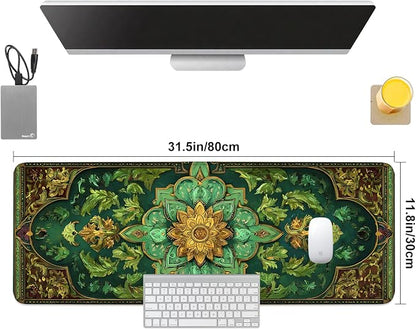 Green Vintage Floral Mouse Pad – Large Extended Desk Mat 31.5 x 11.8 in– Ornate - Image 8