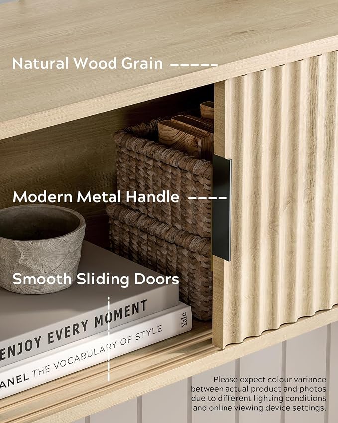 Large Wall Nightstand with Sliding Doors, Modern Fluted Night Stand Storage - Image 2