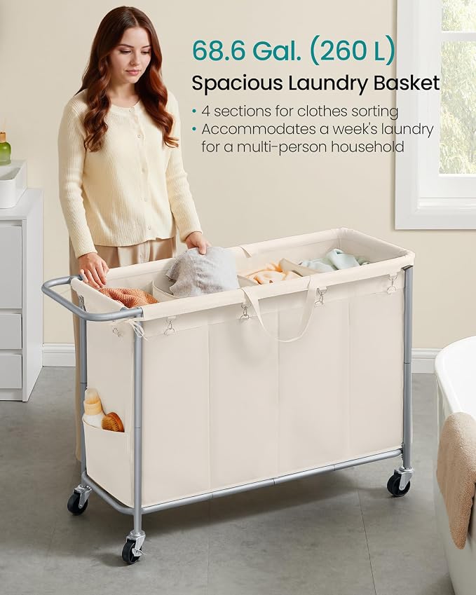 SONGMICS Laundry Basket with Wheels, 4-Section Rolling Laundry Hamper, 68.6 - Image 3