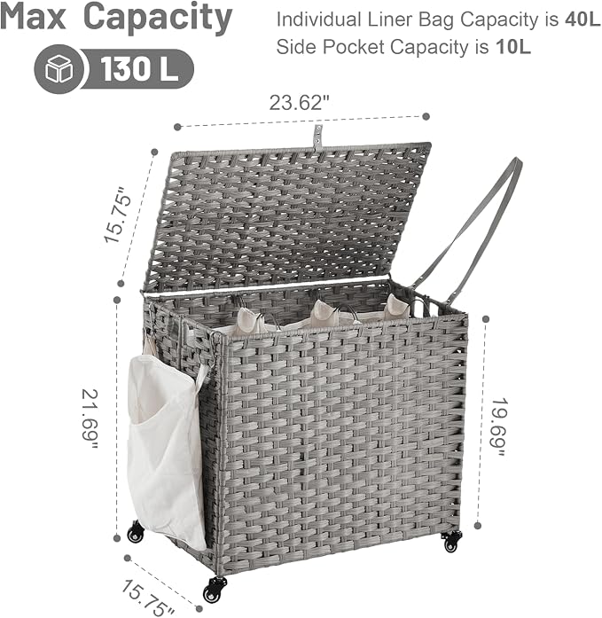 Laundry Hamper with Wheels, 34.3 Gallon Rolling Laundry Basket with Lid - Image 4