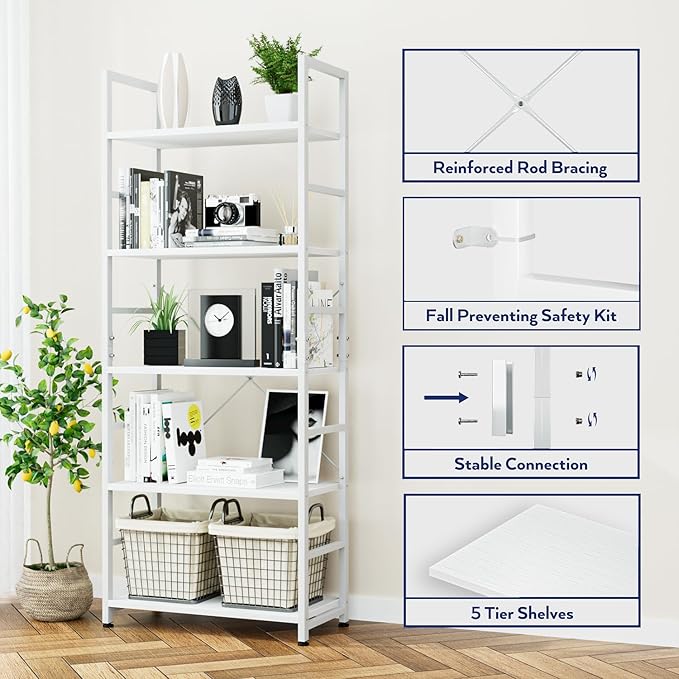 NUMENN 5 Tier Bookshelf, Tall Freestanding Open Storage Bookcase, Support Bars - Image 5