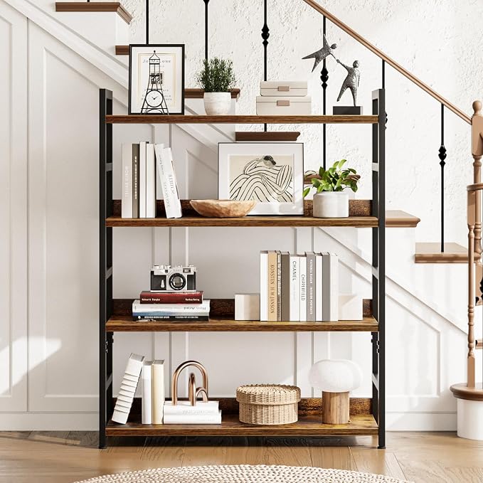 NUMENN Wide Bookshelf, 4 Tier Freestanding Shelving Unit, Vintage | Metal Frame - Image 2