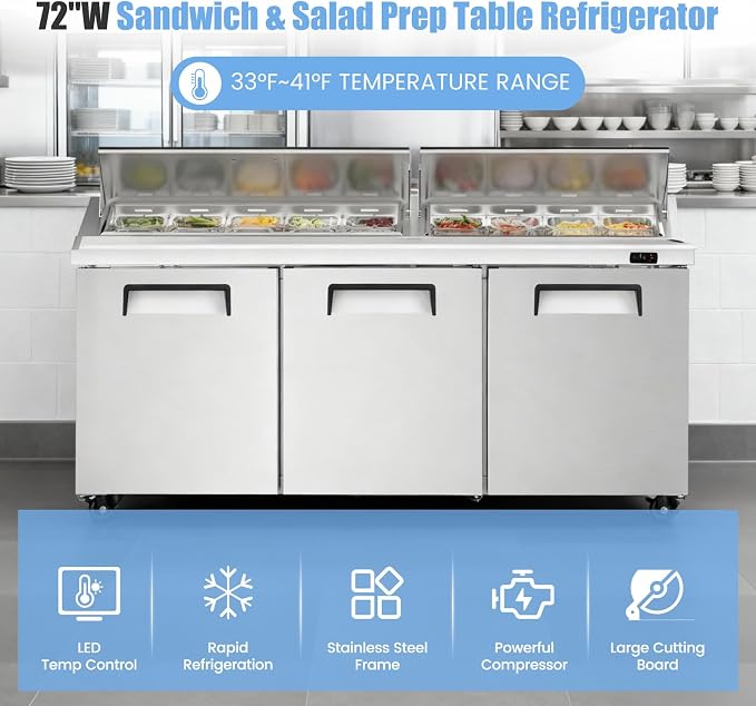 72" W Commercial Refrigerator Sandwich Salad Prep Table, Stainless Steel 3-Door - Image 7