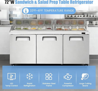 72" W Commercial Refrigerator Sandwich Salad Prep Table, Stainless Steel 3-Door - Image 7
