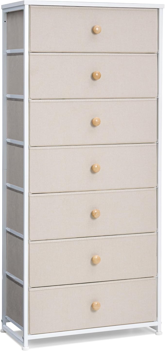 Fabric Dresser for Bedroom, Wide 7-Drawer Tall Vertical Tower | Wooden Top by CrestliveProducts