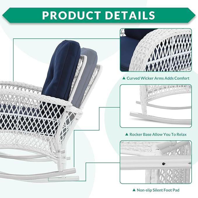 VIVIJASON 2 Piece Patio Wicker Rattan Rocker Chair, Outdoor Rattan Rocker Chair - Image 4