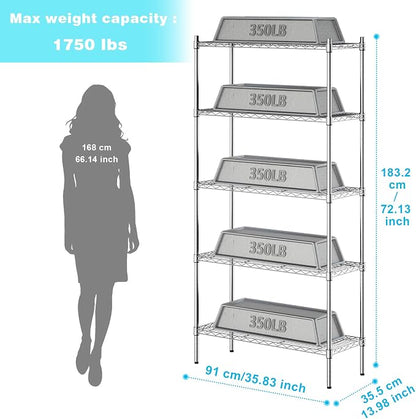 Auslar 5-Tier Heavy Duty Wire Shelving, Adjustable Storage Rack, Chrome | 14"D - Image 3
