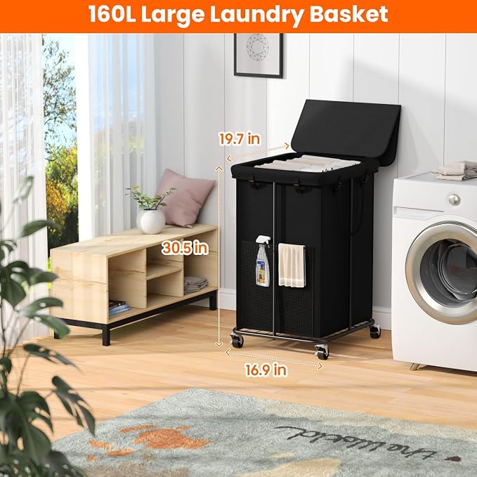 160L Laundry Hamper with Lid, Rolling Laundry Basket with Wheels, Large & Tall - Image 2