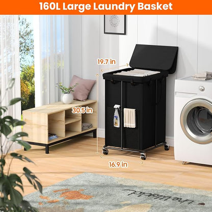 160L Laundry Hamper with Lid, Rolling Laundry Basket with Wheels, Large & Tall - Image 2