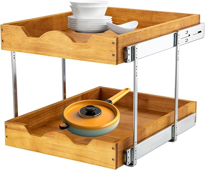 DINDON 2 Tier Pull Out Cabinet Organizer Slide Out Wood Drawer, Two Tier by DINDON