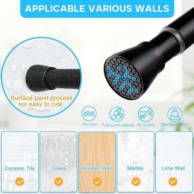 Black Spring Tension Curtain Rod 28-52 Inches, 7/8" Diameter Adjustable Shower - Image 3