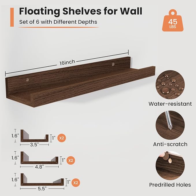 Fun Memories Picture Ledge Shelf, 16 Inch Long Floating Shelves Set of 6 - Image 2