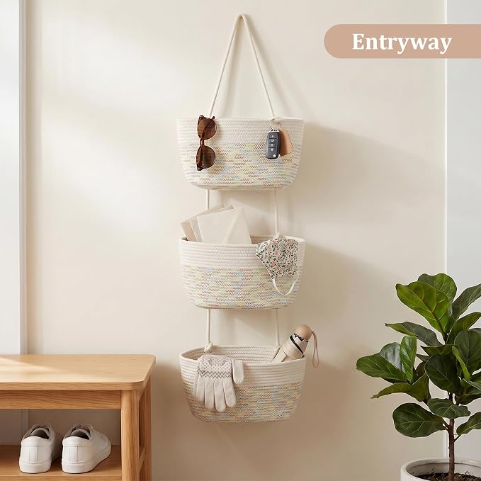 TeoKJ Over the Door Hanging Basket, 3-Tier Woven Cotton Wall-Mounted Storage - Image 6