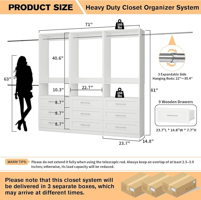 Closet System with 3 Sets, 6FT-15FT Customizable Closet Organizer System with 9 - Image 2