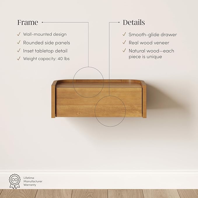 Nathan James Tyla Wall Mounted Bedside Table, Floating 1-Drawer Nightstand - Image 4