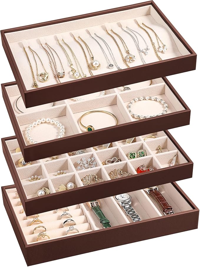 LANDICI Stackable Jewelry Organizer Trays 4 Set, PU Leather Jewelry Organizer by LANDICI