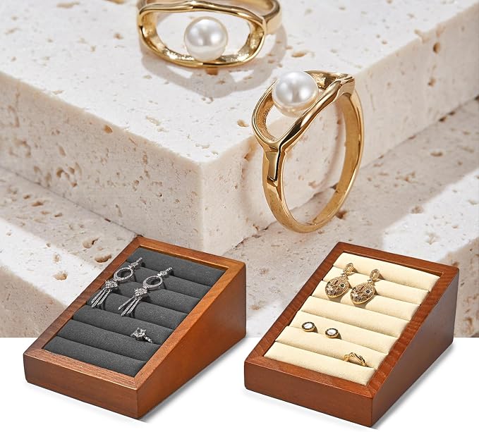 Oirlv Solid Wood Ring Tray Display Stand Slotted Jewelry Ring Showcase Display - Image 3