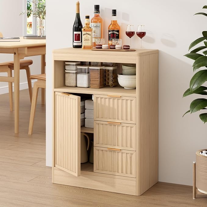 Coffee Bar Cabinet with Drawer, Fluted Buffet Sideboard Cabinet with 3 Drawers - Image 8