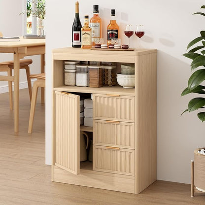 Coffee Bar Cabinet with Drawer, Fluted Buffet Sideboard Cabinet with 3 Drawers - Image 8