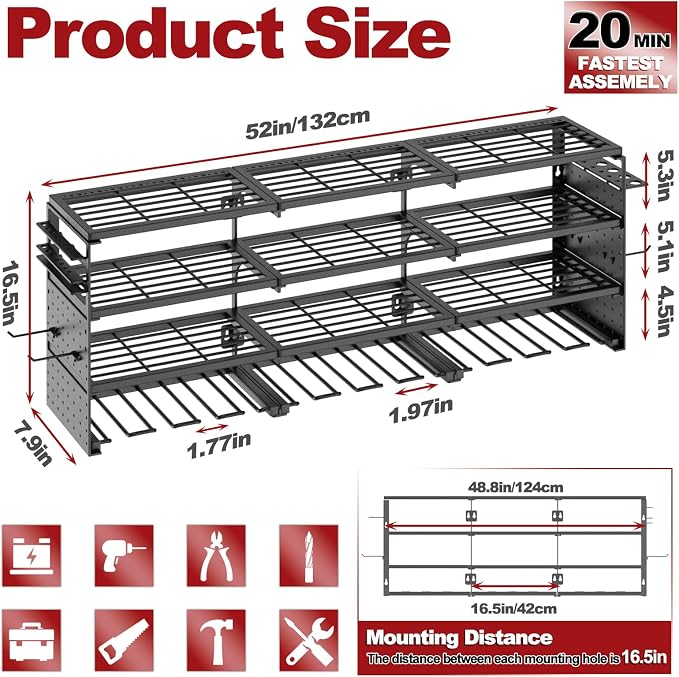 52" W Large Power Tool Organizer Wall Mount -4 Layer Heavy Duty Power Tool Rack - Image 2