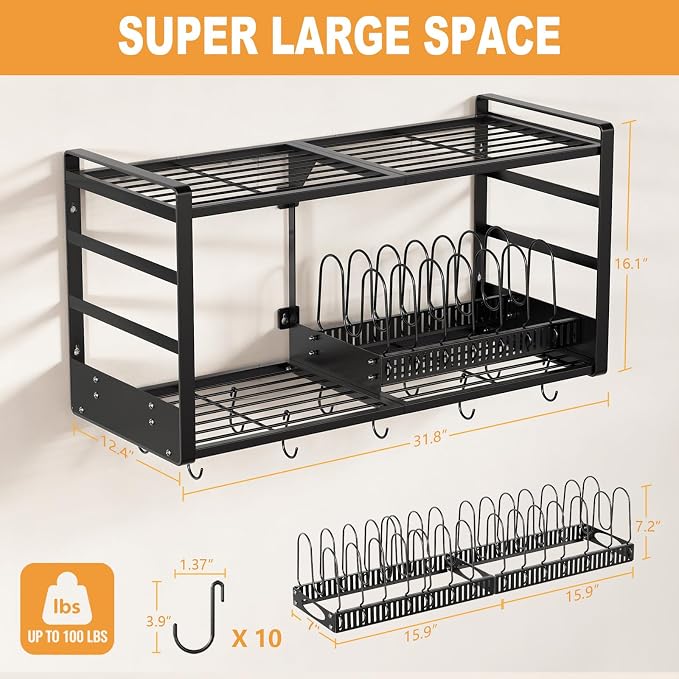 31 Inch Pot Rack Wall Mounted, 2-Tier Pots and Pans Organizer - Image 2
