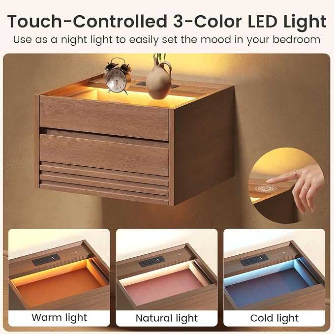 Sikaic Floating Nightstand Set of 2 Wall Mounted, Touch Control LED Light & - Image 3
