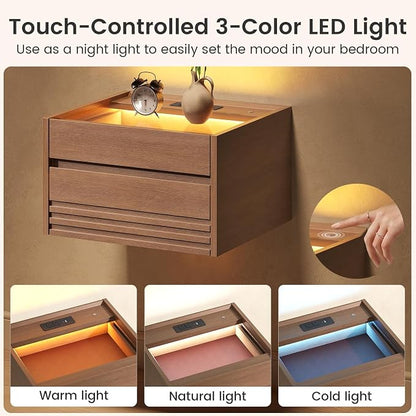 Sikaic Floating Nightstand Set of 2 Wall Mounted, Touch Control LED Light & - Image 3