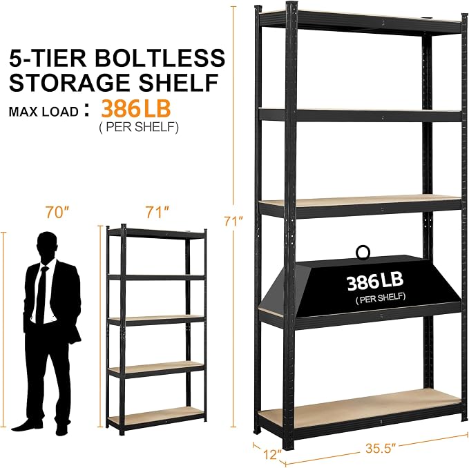 Yaheetech 5-Tier Heavy Duty Storage Shelves 35.5" W x 12" D x 71" H Black | - Image 3
